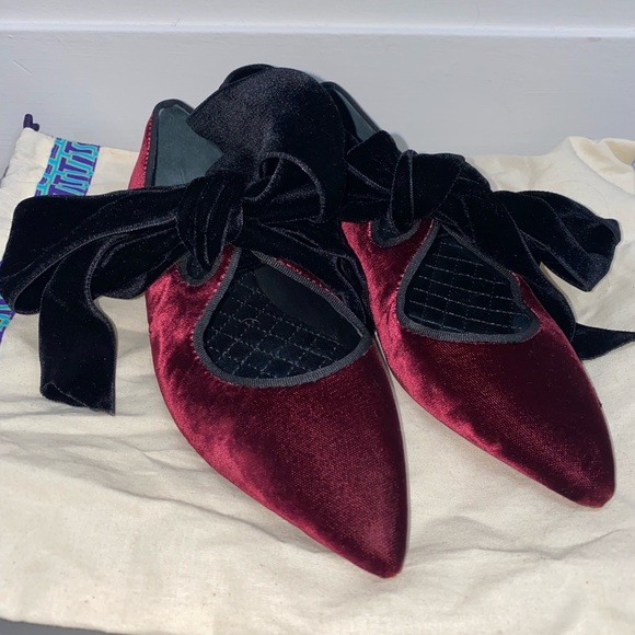 Tory Burch Shoes - Tory Burch Burgundy Velvet Pointed Flats with Black Velvet Ties